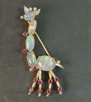 Stunning Novelty 14ct Rose Gold Opal Ruby Diamond Giraffe Brooch D1946