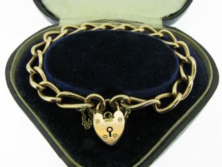 Edwardian 9k 9ct Solid Rose Gold Curb Heart Padlock Bracelet Bir 1904 Boxed
