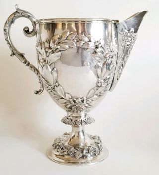 Exquisite 19c English Repousse Sterling Silver Water Pitcher S.  Smith