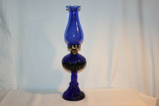 Vintage Cobalt Blue Pattern Glass Pedestal Oil Lamp Ruffled Pie Crust Chimney