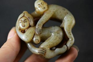 Chinese Old Jade Carved Sexy Men&women People Art Statue/pendant H97