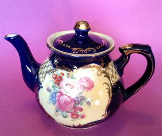 Hand Painted Teapot - Cobalt Blue And Gold With Multicolor Flower Bouquet Japan