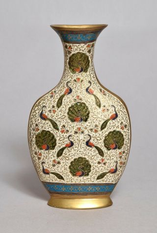 An Unusual Antique Indian Brass And Enamel Peacock Vase