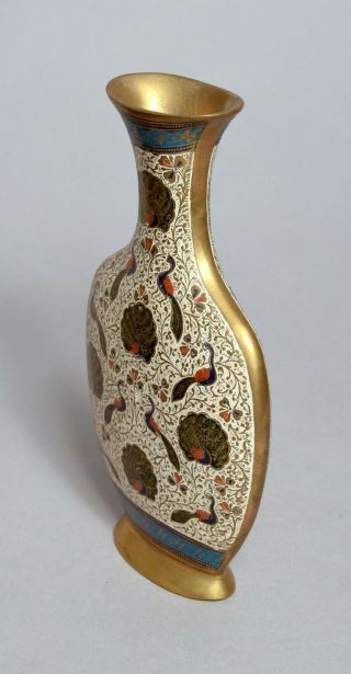 AN UNUSUAL ANTIQUE INDIAN BRASS AND ENAMEL PEACOCK VASE 2