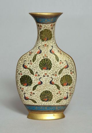 AN UNUSUAL ANTIQUE INDIAN BRASS AND ENAMEL PEACOCK VASE 3