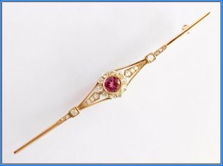 Vintage Brooch / Bar / Pin - 18k Yellow & White Gold,  Diamonds & Synthetic Ruby