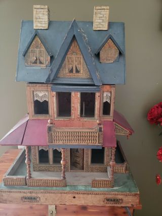 Antique Lithograph R Bliss Wooden Dollhouse Wood Doll House 2 Story Hard To Find