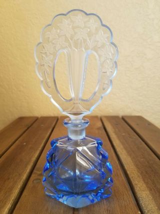 Czech Glass Sky Blue Ornate Cut Glass Large Stopper And Bottle