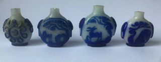 Four Antique Chinese Peking Glass,  Blue Overlay Glass Snuff Bottles