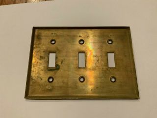 VINTAGE ANTIQUE BRYANT SOLID BRASS 3 GANG SWITCH PLATE COVER 2