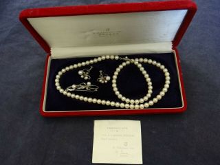 Authentic Vintage Sterling Silver Pearls Mikimoto Necklace Earrings Pin Set Box
