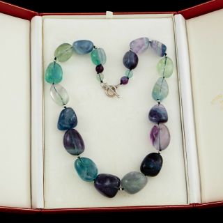 Antique Vintage Deco Retro Sterling Silver Chinese Fluorite Huge Womens Necklace