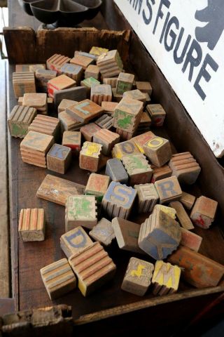 Vintage Classic Wooden Childrens Building Blocks Alphabet Pictures Numbers Abcs