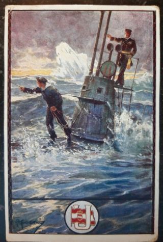 Wwi Kuk Austria Navy U Boat Submarine Heroic Color Combat Propaganda Postcard