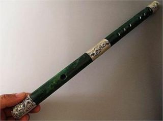 Chinese old handwork Tibet - Silver Carved Dragon Phoenix antique Jade Flute 2