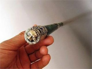 Chinese old handwork Tibet - Silver Carved Dragon Phoenix antique Jade Flute 3