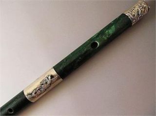 Chinese old handwork Tibet - Silver Carved Dragon Phoenix antique Jade Flute 4