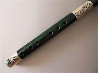 Chinese old handwork Tibet - Silver Carved Dragon Phoenix antique Jade Flute 6