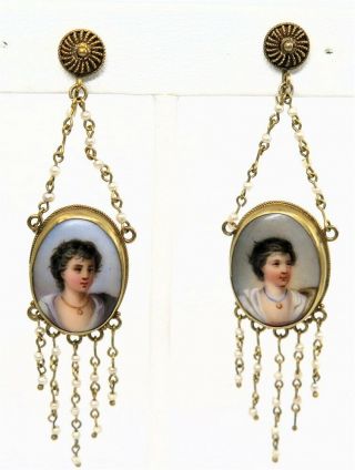 Georgian/victorian Era 18k Portrait Seed Bead Chandelier Earrings,  2 1/2 "