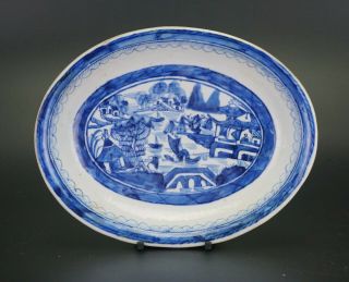 Antique Chinese Blue And White Porcelain Oval Plate Landscape Scene 18th C
