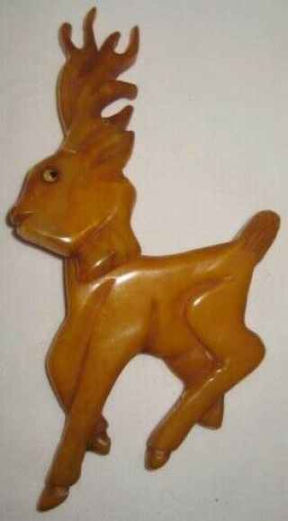 Old Rare 1930s Large Butterscotch Bakelite Reindeer Pin W/ Movable Head