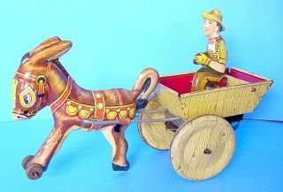1930s Marx Usa 8 " Tin Litho Wind Up Wagon & Bucking Donkey W Farmer