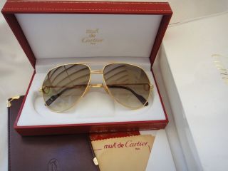 Vintage Cartier Vendome Large 62mm Brown Lens Sunglasses France 18k Gold