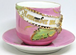Antique German Porcelain Demitasse Cup & Saucer Pink Remember Me Gold Gilt Good