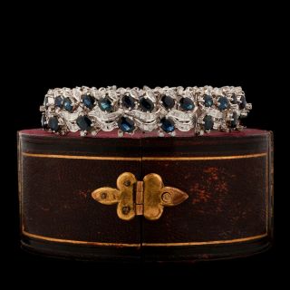 Antique Vintage Art Deco 18k White Gold Blue Sapphire Diamond Tennis Bracelet