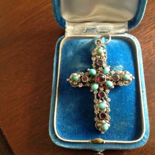 Antique Austro Hungarian Crucifix Set With Garnets And Turquoise