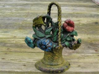 Antique Hubley Colorful Cast Iron Flower Basket Doorstop,  9 1/2 " Tall