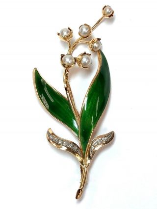 1960s Vintage 18k Gold,  Diamond,  Pearl & Green Enamel Floral Brooch Pin