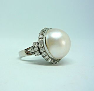 Magnificent Vintage 1950s Mabe Pearl And Diamond 18ct White Gold Cocktail Ring