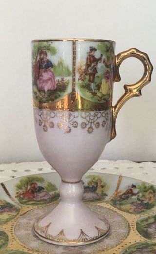 Vintage Victorian Tall Footed Teacup And Saucer Hand Painted Scene Gold Gilding
