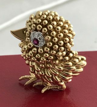 Vintage Bird Pin Brooch 18k Gold Handmade With Ruby And Diamonds,  Cute
