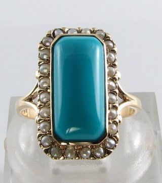 Large 9ct 9k Gold Persian Turquoise & Pearl Art Deco Ins Ring Size