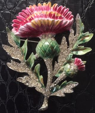 Vintage Large Signed Coro Enamel Rhinestone Flower Pin Brooch