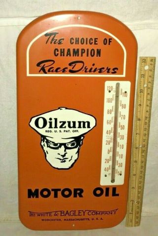 Antique Oilzum Motor Oil Gas Service Station Tin Litho Thermometer Sign Race Old