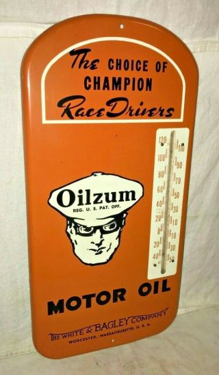 ANTIQUE OILZUM MOTOR OIL GAS SERVICE STATION TIN LITHO THERMOMETER SIGN RACE OLD 2