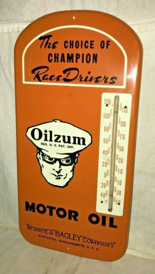 ANTIQUE OILZUM MOTOR OIL GAS SERVICE STATION TIN LITHO THERMOMETER SIGN RACE OLD 3