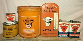ANTIQUE OILZUM MOTOR OIL GAS SERVICE STATION TIN LITHO THERMOMETER SIGN RACE OLD 6