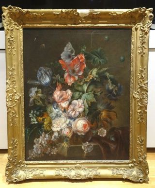 Large 19th Century Dutch Still Life Of Flowers In A Vase Antique Oil Painting