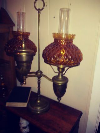 Antique / Vintage Double Sided Brass Student Lamp Amber Globes - Needs Cord