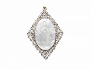 Fine Edwardian Antique Carved Mother Of Pearl Diamond 18k Gold Religious Pendant