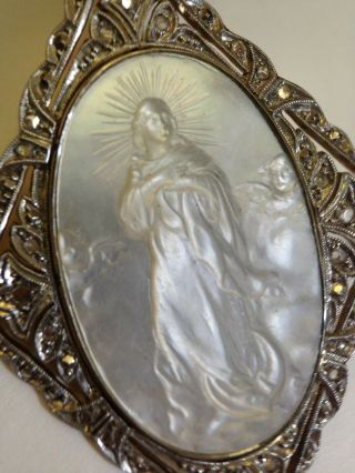 Fine Edwardian Antique Carved Mother of Pearl Diamond 18K Gold Religious Pendant 4