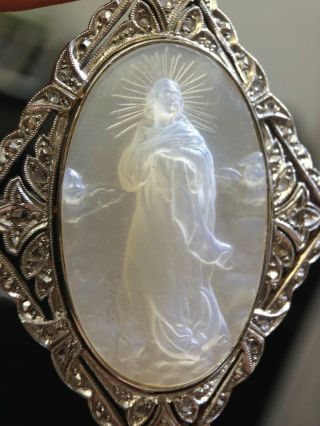 Fine Edwardian Antique Carved Mother of Pearl Diamond 18K Gold Religious Pendant 5