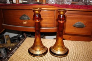 Antique Amber Glass Candlestick Holders - Pair - Gold Accents - Ribbed Body