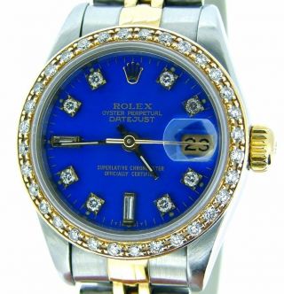 Rolex Datejust Lady 18k Yellow Gold & Steel Watch Diamond Dial Bezel Blue 69173