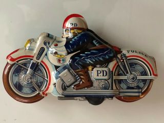 Japan Vintage Tin Litho Motorcycle Bike Police Cop Friction Toy Japanese 8.  75 "