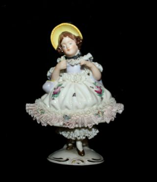 Vintage Dresden Germany Figurine Young Girl In Lace Dress Holding A Flower